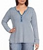 John Mark Plus Size Solid Washed Waffle Knit Split V-Neck Long Sleeve Top - Image 1