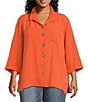 Color:Coral - Image 1 - Plus Size Solid Woven Wire Collared Button Front 3/4 Sleeve Camp Shirt