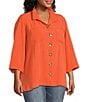 Color:Coral - Image 3 - Plus Size Solid Woven Wire Collared Button Front 3/4 Sleeve Camp Shirt