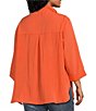 Color:Coral - Image 4 - Plus Size Solid Woven Wire Collared Button Front 3/4 Sleeve Camp Shirt