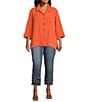 Color:Coral - Image 5 - Plus Size Solid Woven Wire Collared Button Front 3/4 Sleeve Camp Shirt