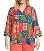 Color:Geometric Multi - Image 1 - Plus Size Solid Woven Wire Collared Button Front 3/4 Sleeve Camp Shirt