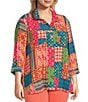 Color:Geometric Multi - Image 4 - Plus Size Solid Woven Wire Collared Button Front 3/4 Sleeve Camp Shirt