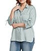 John Mark Plus Size Stripe Wire Collar 3/4 Cinch Tie Sleeve Button Front Blouse - Image 1
