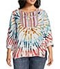 Color:Tropical Multi - Image 1 - Plus Size Tie Dye Print Woven Embroidered Tie Neck 3/4 Roll-Tab Sleeve Tunic