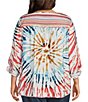 Color:Tropical Multi - Image 2 - Plus Size Tie Dye Print Woven Embroidered Tie Neck 3/4 Roll-Tab Sleeve Tunic