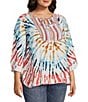 Color:Tropical Multi - Image 3 - Plus Size Tie Dye Print Woven Embroidered Tie Neck 3/4 Roll-Tab Sleeve Tunic