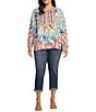 Color:Tropical Multi - Image 4 - Plus Size Tie Dye Print Woven Embroidered Tie Neck 3/4 Roll-Tab Sleeve Tunic
