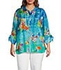 John Mark Plus Size Tropical Floral Print Point Collar Elbow Cinched Tie Sleeve Button Front Tunic, Color:Turquoise Print - Image 1
