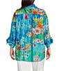 John Mark Plus Size Tropical Floral Print Point Collar Elbow Cinched Tie Sleeve Button Front Tunic, Color:Turquoise Print - Image 2