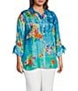 John Mark Plus Size Tropical Floral Print Point Collar Elbow Cinched Tie Sleeve Button Front Tunic, Color:Turquoise Print - Image 3