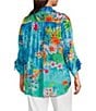 John Mark Plus Size Tropical Floral Print Point Collar Elbow Cinched Tie Sleeve Button Front Tunic, Color:Turquoise Print - Image 4