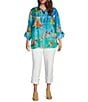 John Mark Plus Size Tropical Floral Print Point Collar Elbow Cinched Tie Sleeve Button Front Tunic, Color:Turquoise Print - Image 5