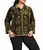 John Mark Plus Size Velvet Embroidered Convertible Collar Long Sleeve Button Front Shirt - Image 1