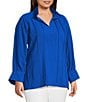 John Mark Plus Size Wire Collar Split V-Neck 3/4 Sleeve Pintuck Detail Top, Color:Cobalt - Image 3