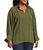 John Mark Plus Size Wire Collar Split V-Neck 3/4 Sleeve Pintuck Detail Top, Color:Dark Olive - Image 7