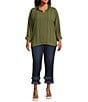 John Mark Plus Size Wire Collar Split V-Neck 3/4 Sleeve Pintuck Detail Top, Color:Dark Olive - Image 9