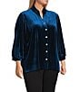 John Mark Plus Size Wire Ruffle Collar 3/4 Puff Sleeve Velvet Tunic, Color:Dark Peacock - Image 3