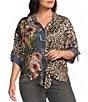 John Mark Plus Size Woven Abstract Animal Floral Print Point Collar 3/4 Dolman Sleeve Button Front Tie Blouse - Image 1