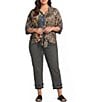 John Mark Plus Size Woven Abstract Animal Floral Print Point Collar 3/4 Dolman Sleeve Button Front Tie Blouse - Image 3