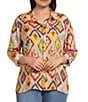John Mark Plus Size Woven Abstract Diamond Print Point Collar Long Roll-Tab Sleeve Button Front Tunic - Image 1