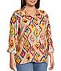 John Mark Plus Size Woven Abstract Diamond Print Point Collar Long Roll-Tab Sleeve Button Front Tunic - Image 3