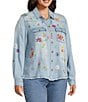 John Mark Plus Size Woven All Over Floral Embroidered Point Collar Long Roll-Tab Sleeve Button Front Blouse - Image 1