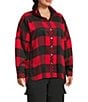 John Mark Plus Size Woven Buffalo Plaid Wire Collar Long Sleeve Hi-Low Hem Button Front Tunic, Color:Red Plaid - Image 3