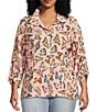 Color:Pink Print - Image 1 - Plus Size Woven Butterfly Print Cinched Tie Tunic
