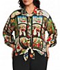 John Mark Plus Size Woven Christmas Holiday Point Collar Short Cinched Dolman Sleeve Button Tie Front Shirt - Image 1