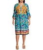 John Mark Plus Size Woven Embroidered Mix Print Y-Neck 3/4 Cinched Tie Sleeve Dress, Color:Ocean Blue - Image 1