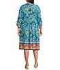 John Mark Plus Size Woven Embroidered Mix Print Y-Neck 3/4 Cinched Tie Sleeve Dress, Color:Ocean Blue - Image 2