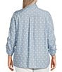 John Mark Plus Size Woven Embroidery Dots Wire Collar 3/4 Ruched Cinched Tie Sleeve Button Front Blouse, Color:Light Indigo - Image 2