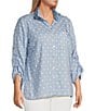 John Mark Plus Size Woven Embroidery Dots Wire Collar 3/4 Ruched Cinched Tie Sleeve Button Front Blouse, Color:Light Indigo - Image 3