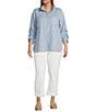 John Mark Plus Size Woven Embroidery Dots Wire Collar 3/4 Ruched Cinched Tie Sleeve Button Front Blouse, Color:Light Indigo - Image 4