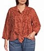 John Mark Plus Size Woven Floral Embriordered Beaded Point Collar 3/4 Sleeve Tie-Front Blouse - Image 1