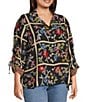 John Mark Plus Size Woven Floral Print Embroidered Wire Collar 3/4 Cinched Sleeve Button Front Shirt - Image 3