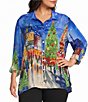 John Mark Plus Size Woven Holiday Novelty Print Wire Collar Long Roll-Tab Sleeve Button Front Tunic - Image 1