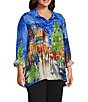John Mark Plus Size Woven Holiday Novelty Print Wire Collar Long Roll-Tab Sleeve Button Front Tunic - Image 4