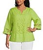 John Mark Plus Size Woven Lace Inset Embroidered Split V-Neck 3/4 Sleeve Tunic - Image 1