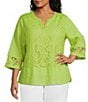 John Mark Plus Size Woven Lace Inset Embroidered Split V-Neck 3/4 Sleeve Tunic - Image 1