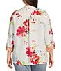 Color:White - Image 2 - Plus Size Woven Linen Floral Button Front High-Low Curved Hem Tunic