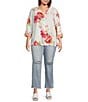 Color:White - Image 3 - Plus Size Woven Linen Floral Button Front High-Low Curved Hem Tunic