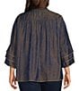 John Mark Plus Size Woven Metallic Embroidered Ruffled Split V-Neck 3/4 Sleeve Hi-Low Hem Peasant Tunic, Color:Navy - Image 2