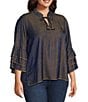 John Mark Plus Size Woven Metallic Embroidered Ruffled Split V-Neck 3/4 Sleeve Hi-Low Hem Peasant Tunic, Color:Navy - Image 3