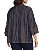 John Mark Plus Size Woven Metallic Embroidered Ruffled Split V-Neck 3/4 Sleeve Hi-Low Hem Peasant Tunic, Color:Navy - Image 4