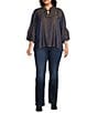 John Mark Plus Size Woven Metallic Embroidered Ruffled Split V-Neck 3/4 Sleeve Hi-Low Hem Peasant Tunic, Color:Navy - Image 5