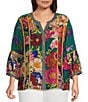 John Mark Plus Size Woven Mixed All Over Print Banded Y-Neck 3/4 Lantern Sleeve Button Front Shirt - Image 1