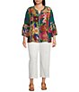 John Mark Plus Size Woven Mixed All Over Print Banded Y-Neck 3/4 Lantern Sleeve Button Front Shirt - Image 3