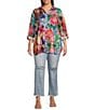 Color:Floral Multi - Image 3 - Plus Size Woven Mixed Floral Print Point Collar Roll-Tab Sleeve Button Front Tunic